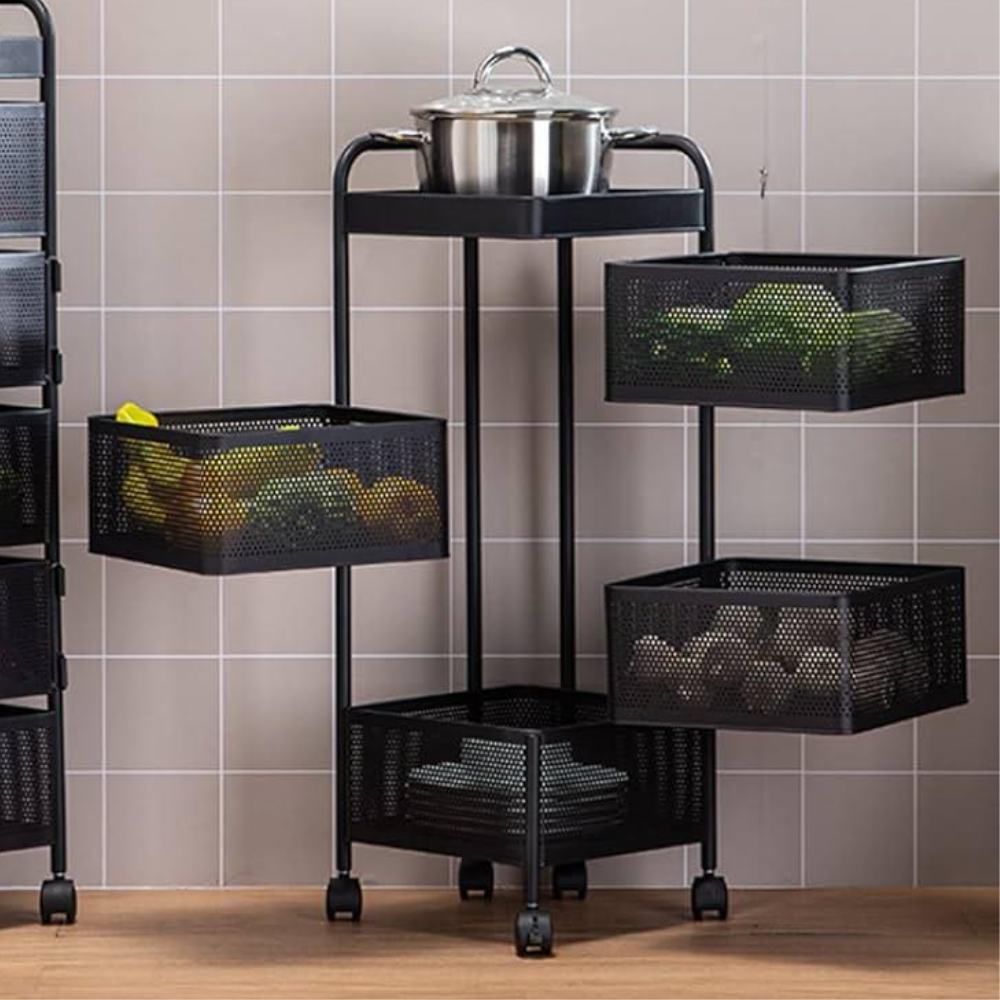 4 Layer Movable Fruit Basket Square Shape Kitchen Rack Stand in Black