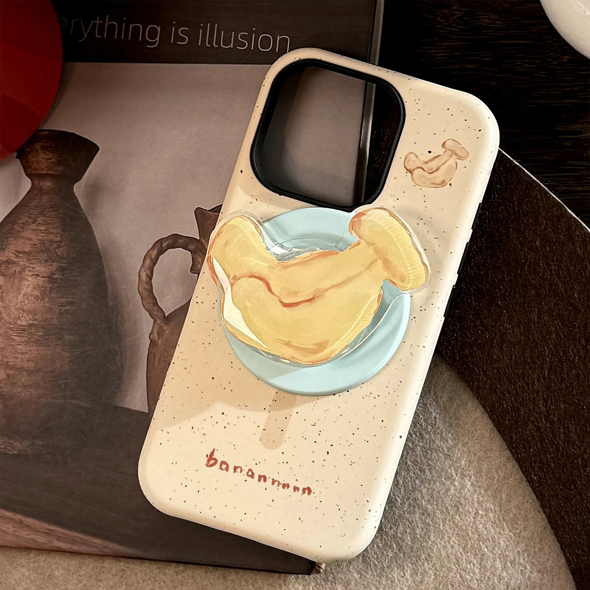 Korean splash-ink Cartoon Fruit Apple Banana Magnetic Holder Phone Case For iPhone 17 16 15 14 13 12 11 Pro Max Shockproof Cover