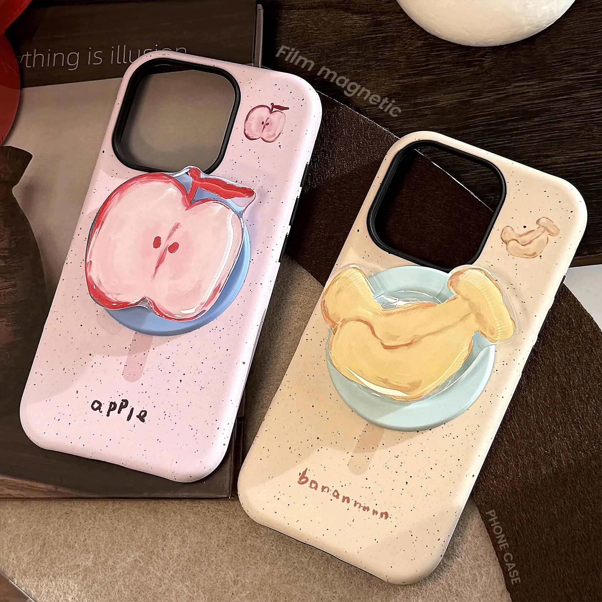 Korean splash-ink Cartoon Fruit Apple Banana Magnetic Holder Phone Case For iPhone 17 16 15 14 13 12 11 Pro Max Shockproof Cover