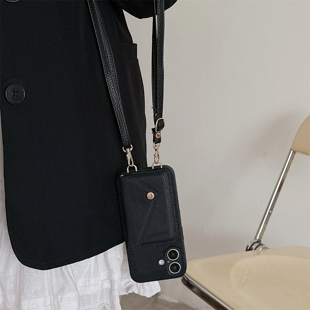 Crossbody Lanyard Necklace Strap Rope Leather Phone Case For iPhone 17 16 12 14 13 15 Pro Max XS 8 Plus Wallet Card Holder Cover