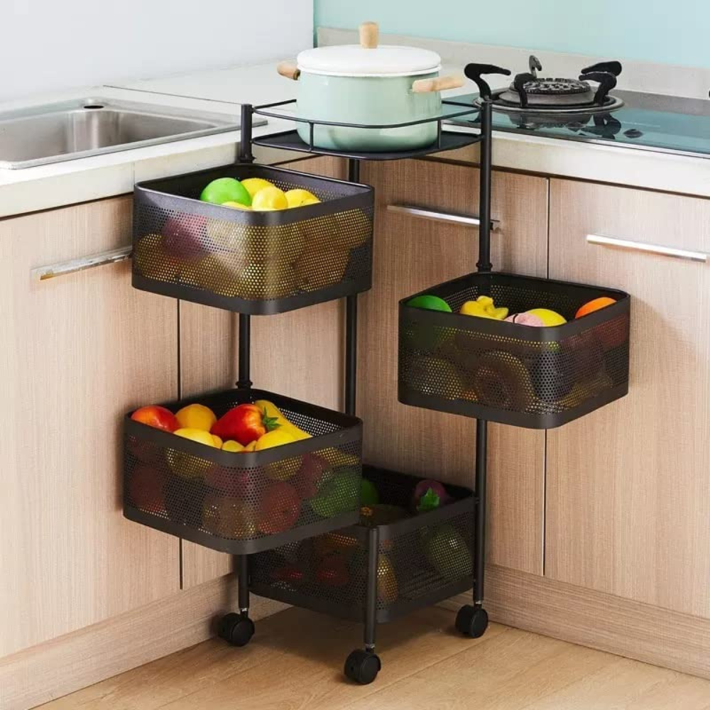 4 Layer Movable Fruit Basket Square Shape Kitchen Rack Stand in Black