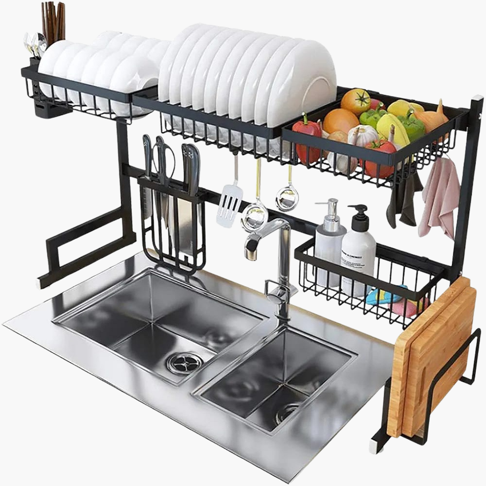 Over The Sink Dish Drying Rack with Fruit Basket Kitchen Counter & Drainer Dishrack - Matte Black