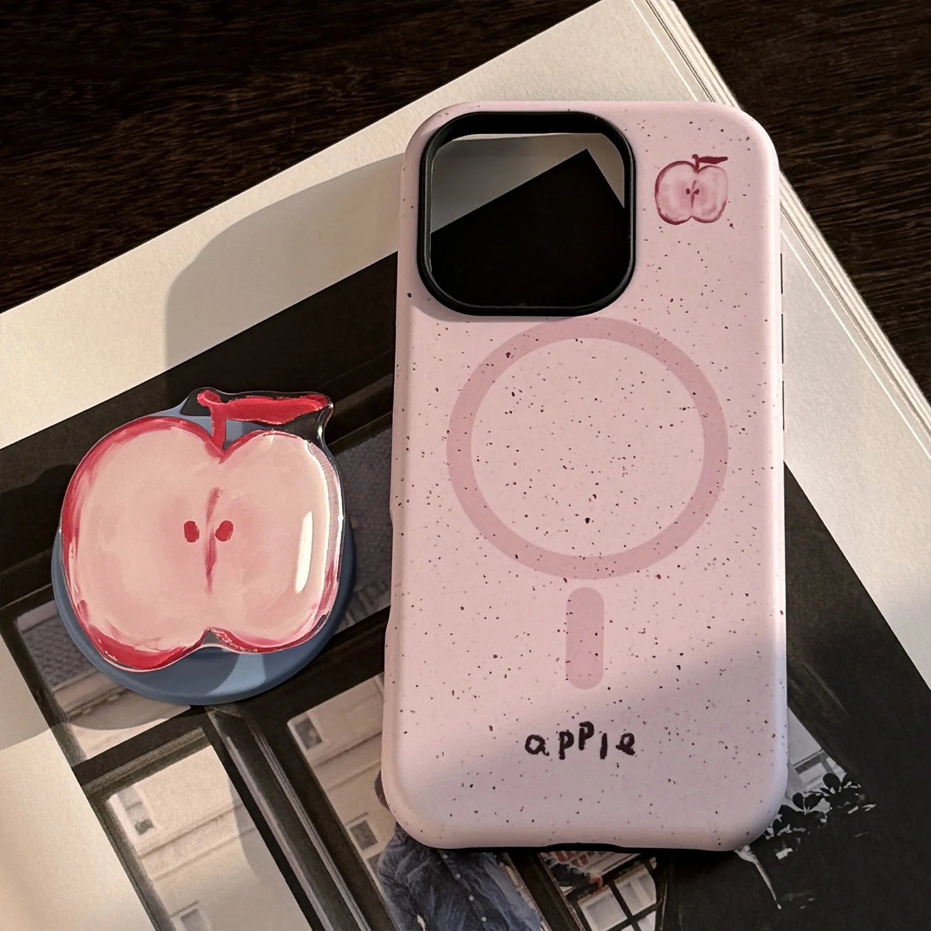Korean splash-ink Cartoon Fruit Apple Banana Magnetic Holder Phone Case For iPhone 17 16 15 14 13 12 11 Pro Max Shockproof Cover