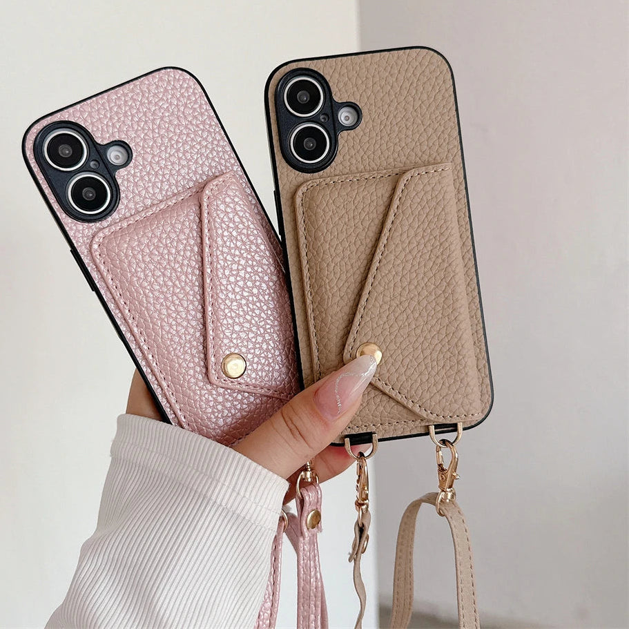 Crossbody Lanyard Necklace Strap Rope Leather Phone Case For iPhone 17 16 12 14 13 15 Pro Max XS 8 Plus Wallet Card Holder Cover