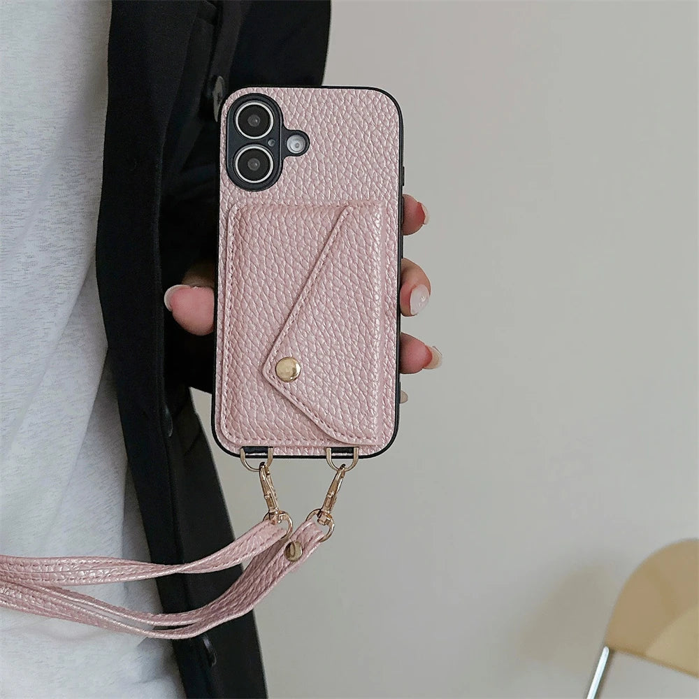 Crossbody Lanyard Necklace Strap Rope Leather Phone Case For iPhone 17 16 12 14 13 15 Pro Max XS 8 Plus Wallet Card Holder Cover