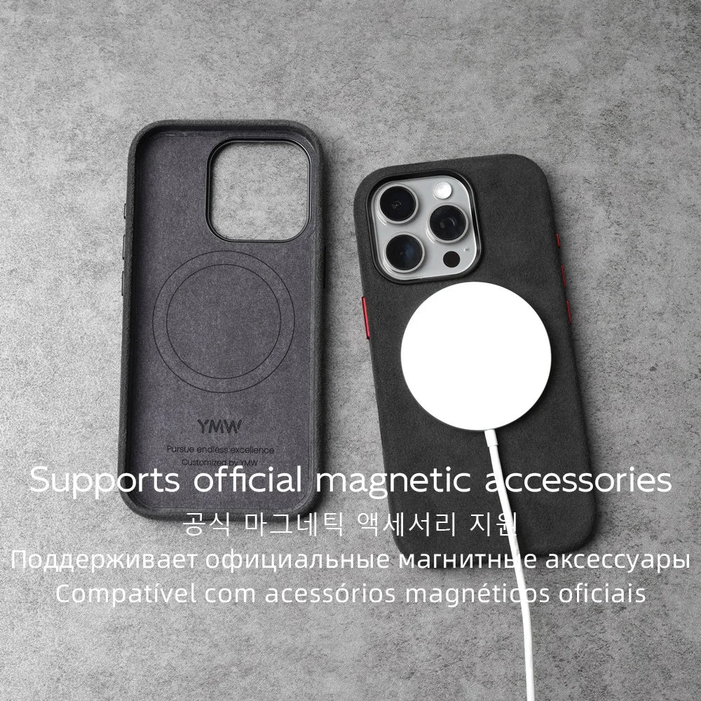 YMW ALCANTARA Case for iPhone 17 16 Pro Max Compatible Magsafe Luxury Business Supercar Interior Same Suede Leather Phone Cover