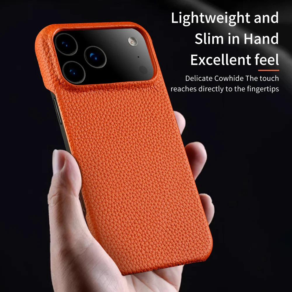 for Magsafe Case for iPhone 17 Air 15 16 Pro Max 17Pro Lychee Natural Cowhide Leather Magnetic Protector Luxury Phone Back Cover