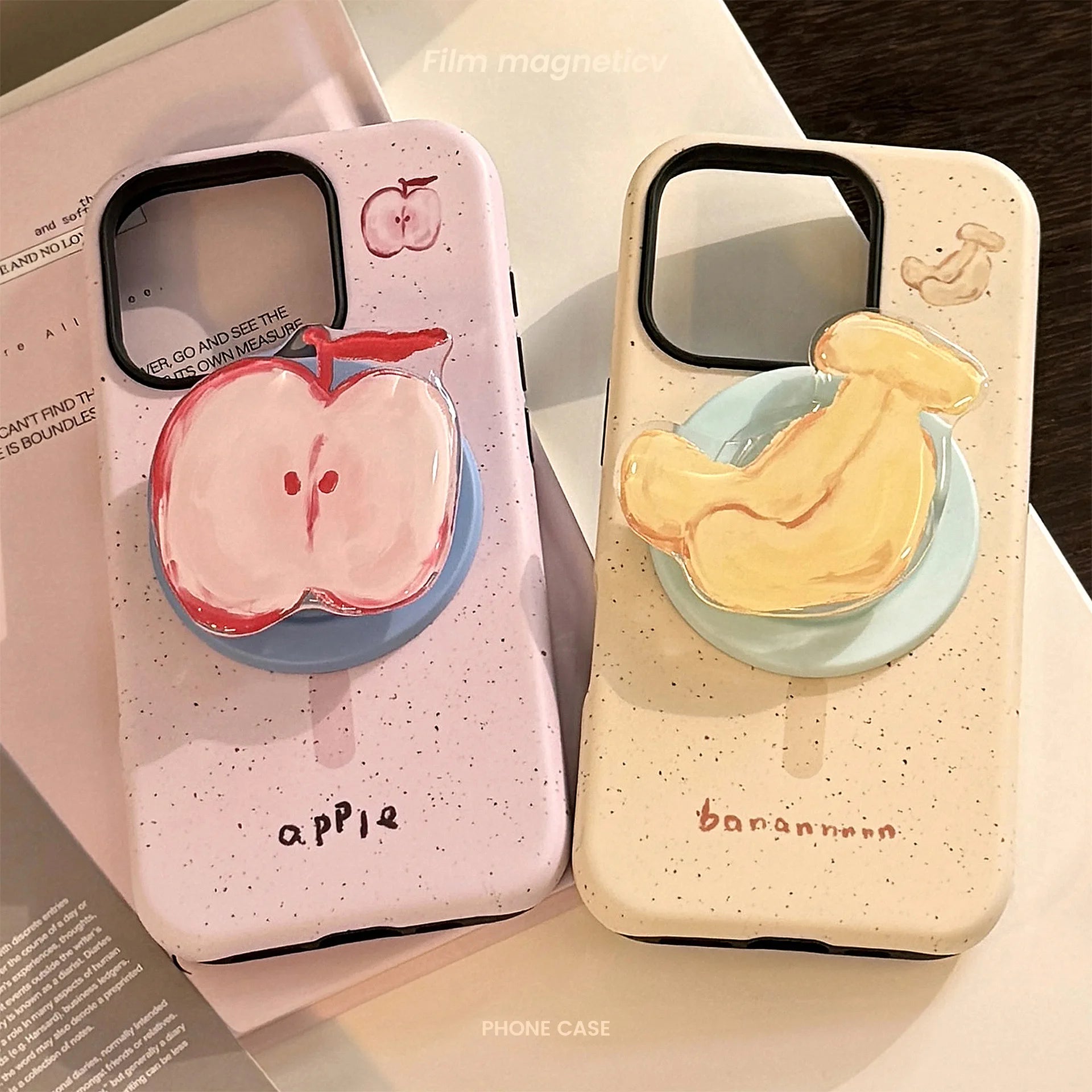 Korean splash-ink Cartoon Fruit Apple Banana Magnetic Holder Phone Case For iPhone 17 16 15 14 13 12 11 Pro Max Shockproof Cover
