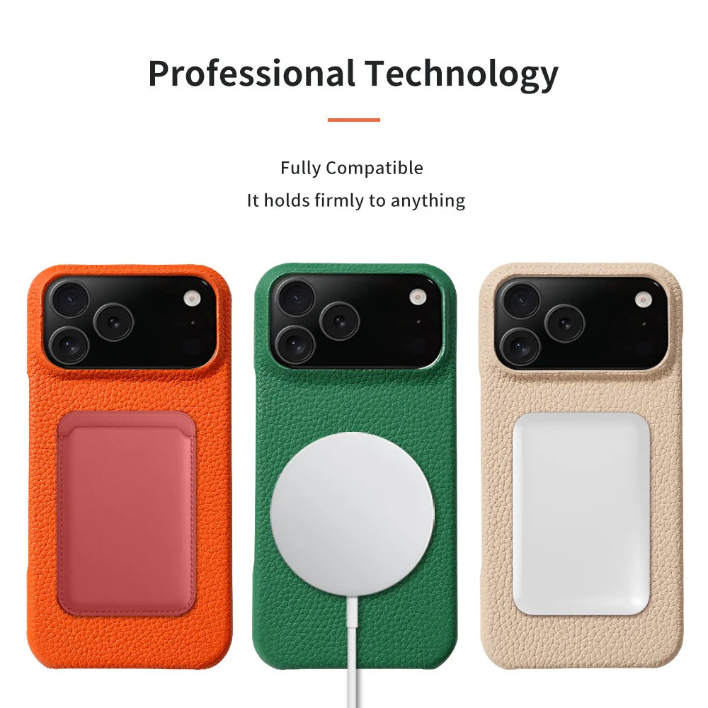 for Magsafe Case for iPhone 17 Air 15 16 Pro Max 17Pro Lychee Natural Cowhide Leather Magnetic Protector Luxury Phone Back Cover